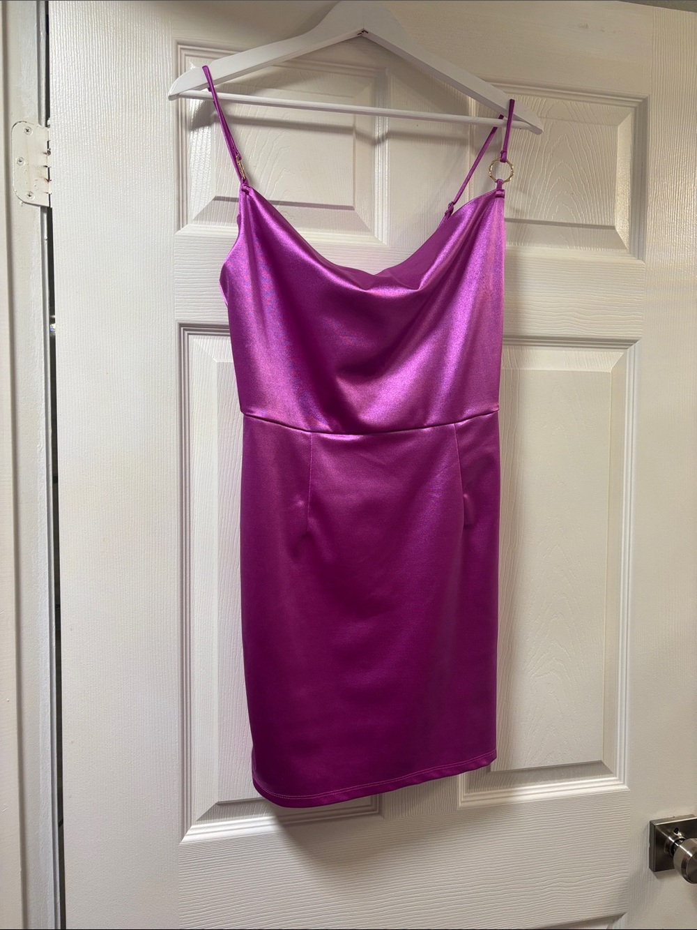 bebe Satin Cowl Neck Spaghetti Strap Mini Dress - Fuchsia
